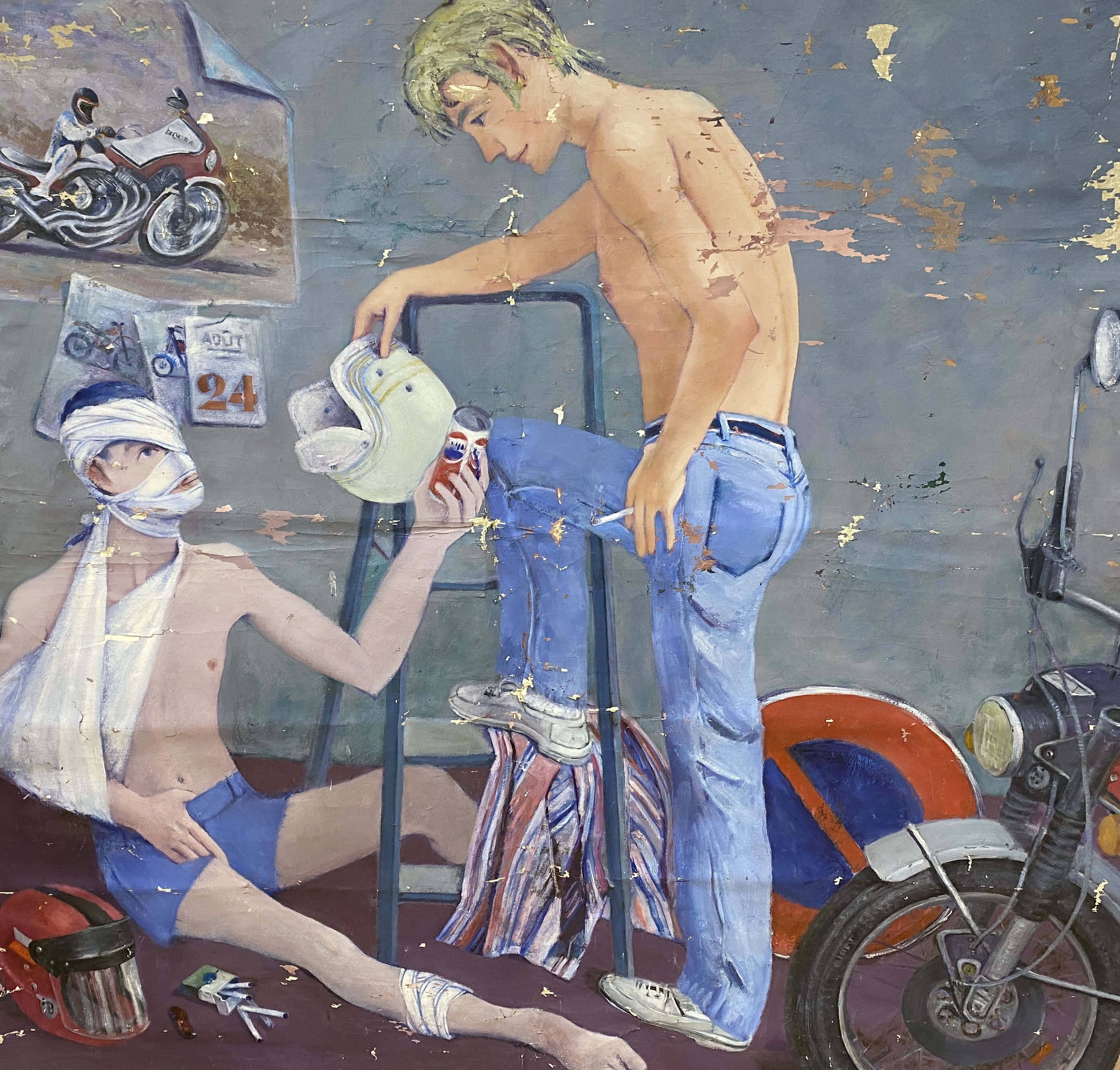 Two large unusual late 20th century French oil studies, one detailing a nude figure, shot with arrows, the other detailing two men in conversation following a motor racing accident, 172 x 176 and 154 x 160, both unframed